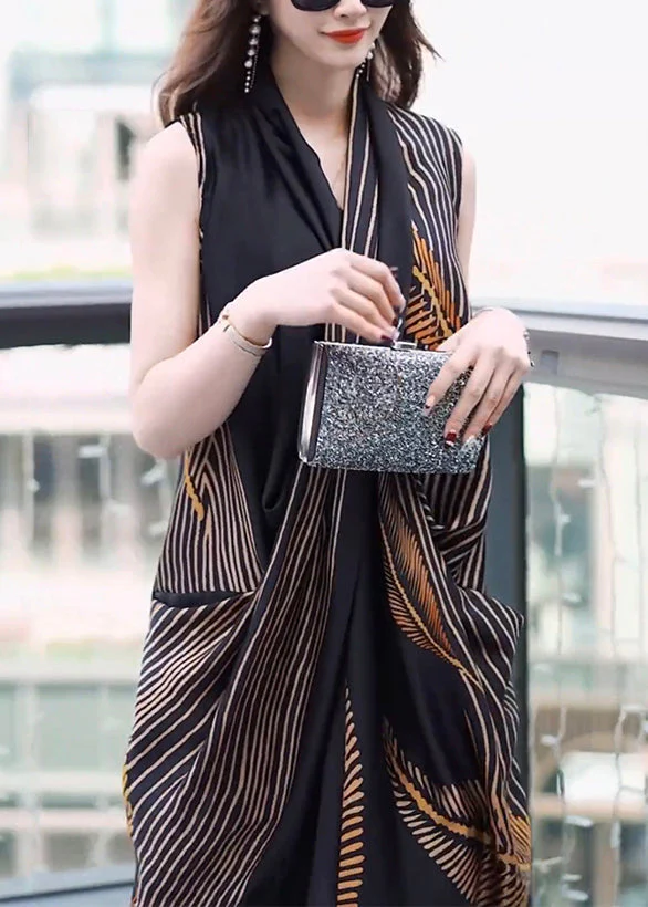 French Black V Neck Print Pockets Patchwork Silk Dresses Sleeveless - Image 4