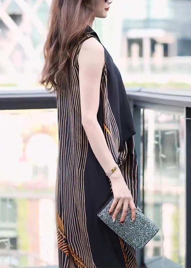 French Black V Neck Print Pockets Patchwork Silk Dresses Sleeveless - Image 5