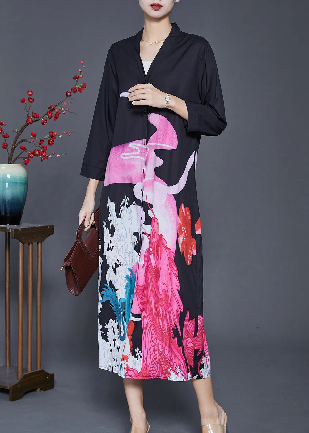 French Black V Neck Print Silk Long Dresses Spring - Image 2