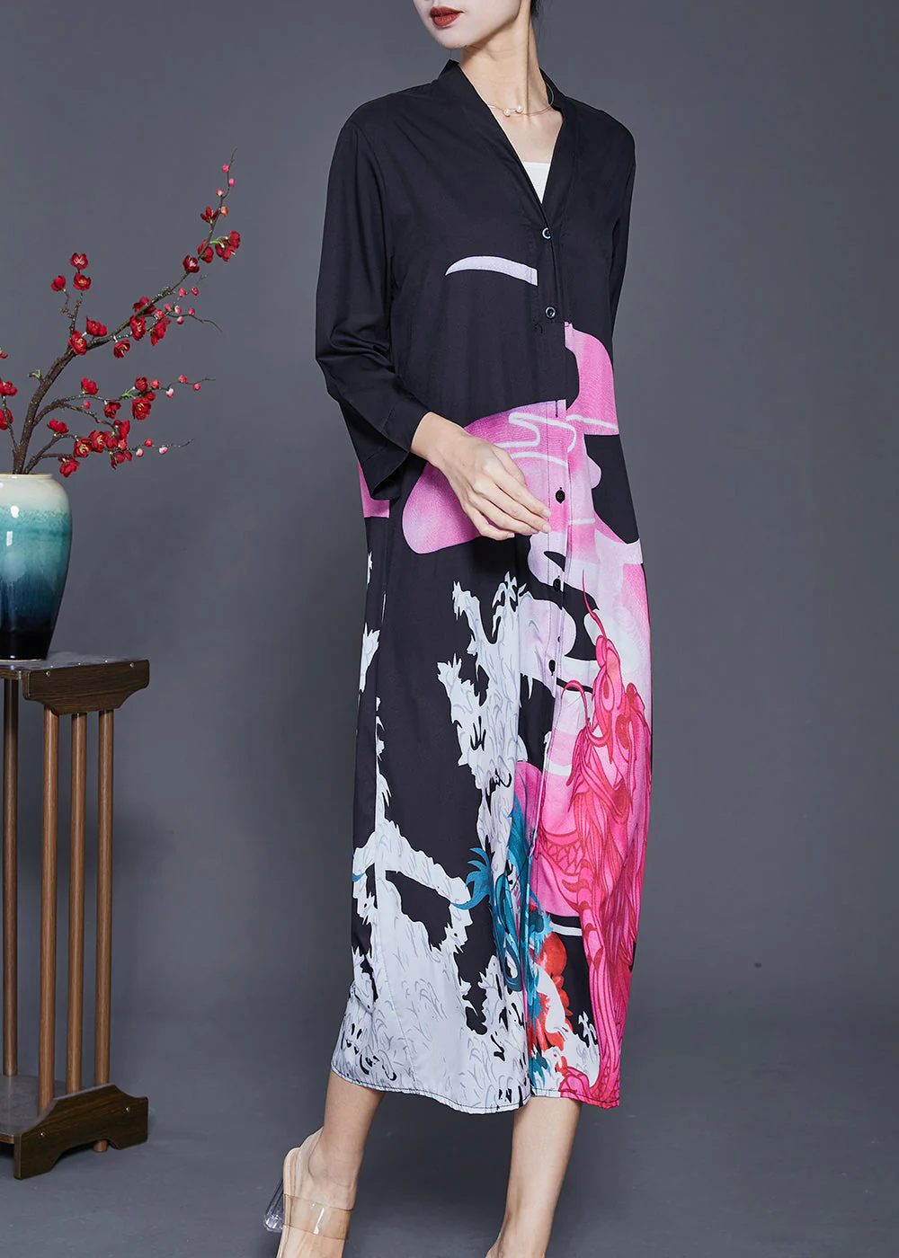 French Black V Neck Print Silk Long Dresses Spring - Image 3