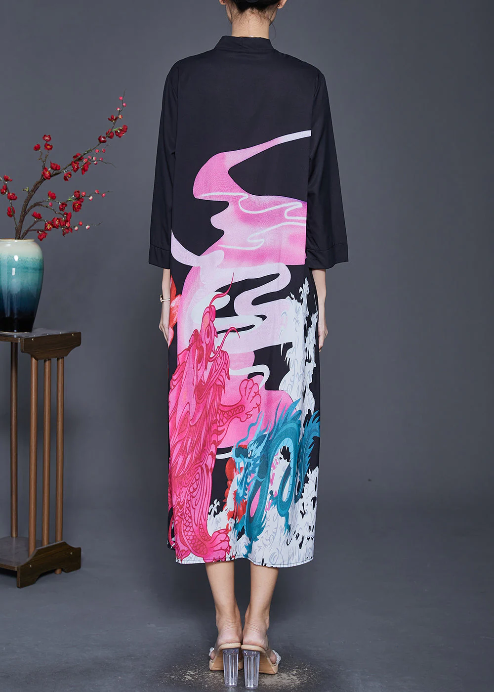 French Black V Neck Print Silk Long Dresses Spring - Image 4