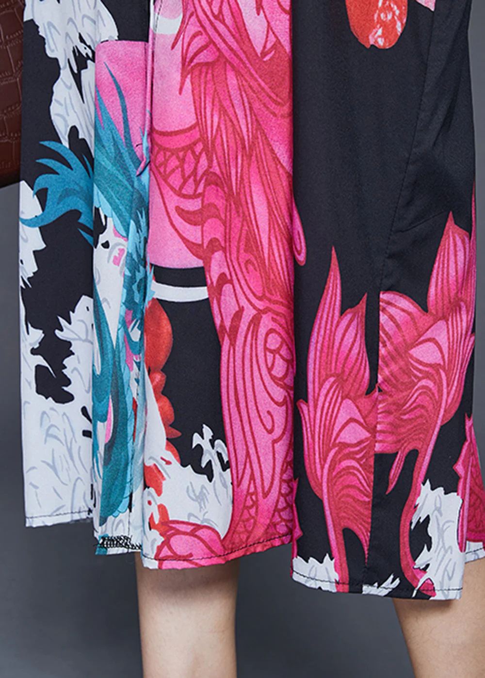 French Black V Neck Print Silk Long Dresses Spring - Image 5