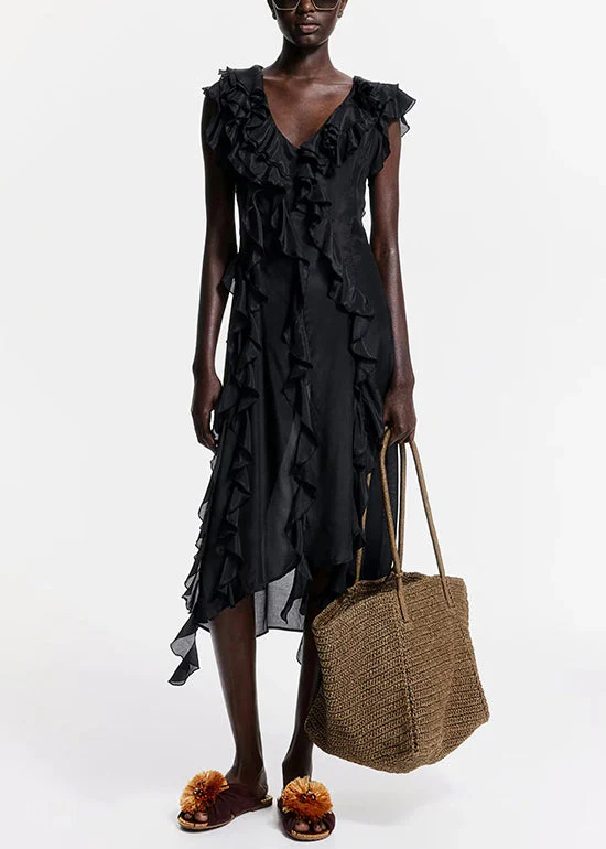 French Black V Neck Ruffled Cotton Long Dress Sleeveless - Image 2