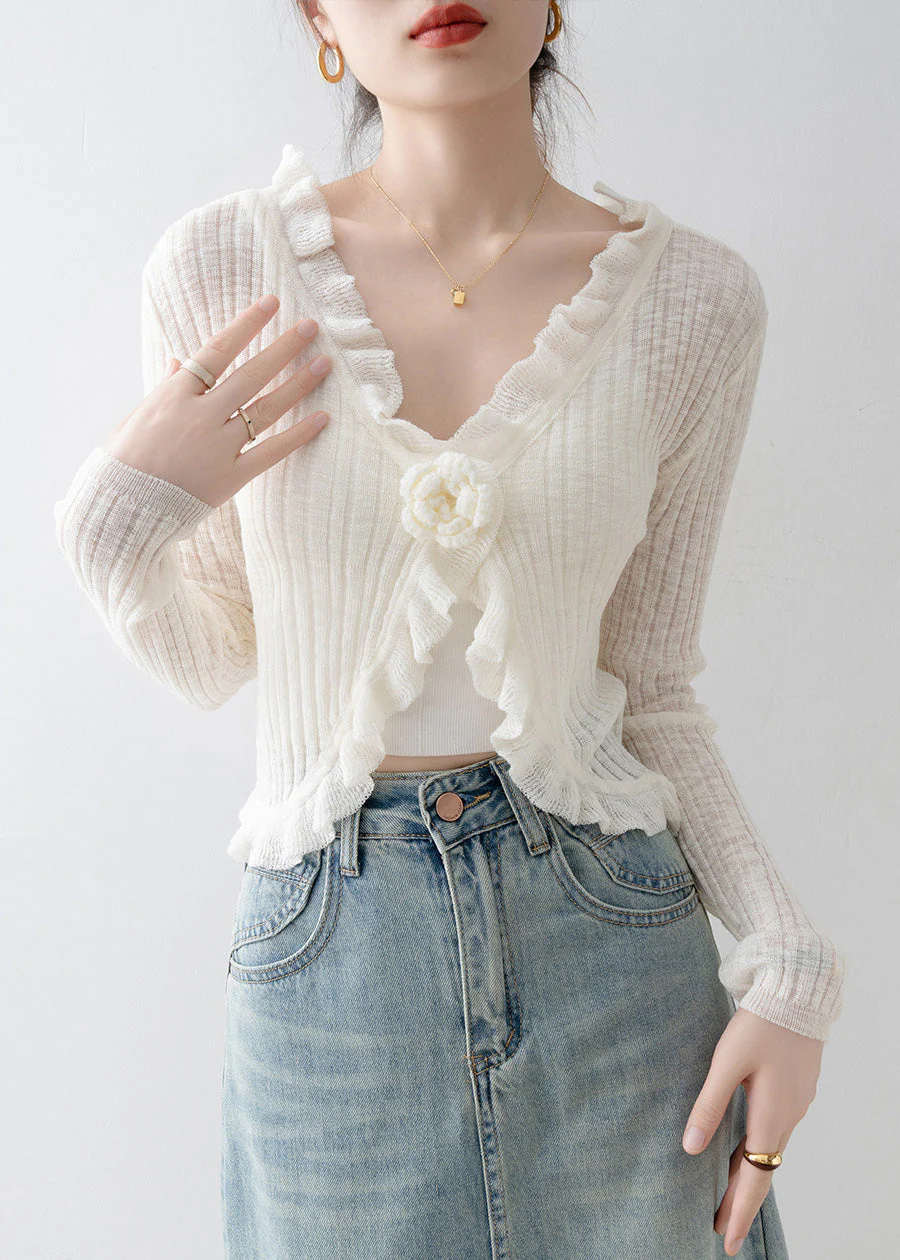 French Black V Neck Ruffled Floral Knit Cardigan Spring - Image 2