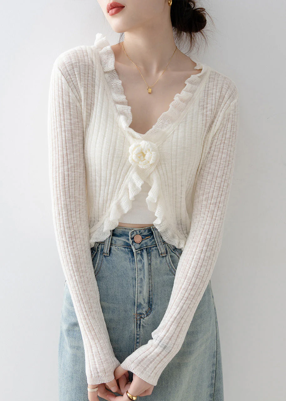 French Black V Neck Ruffled Floral Knit Cardigan Spring - Image 3