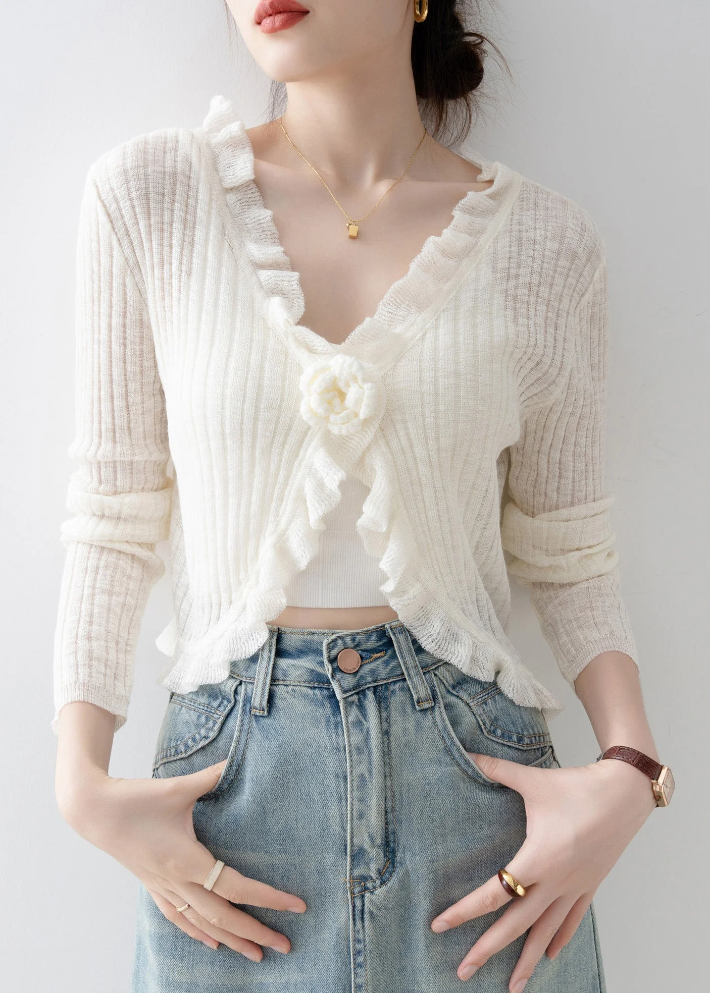 French Black V Neck Ruffled Floral Knit Cardigan Spring - Image 4