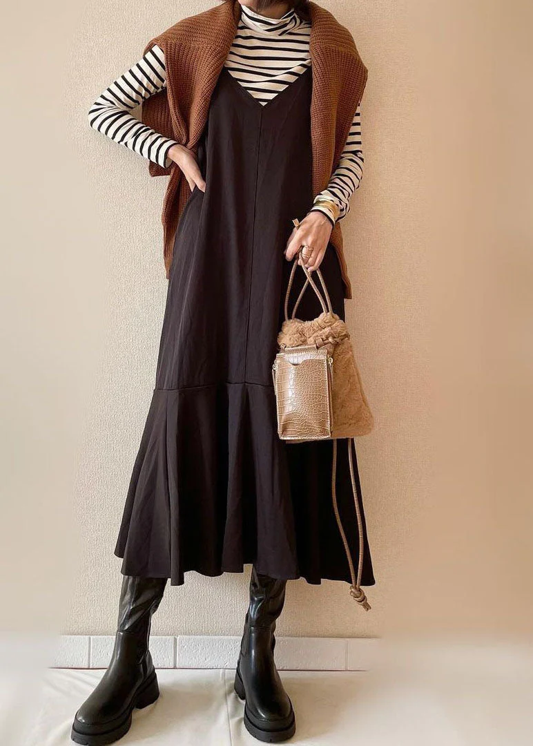 French Black V Neck Ruffles Patchwork Cotton Spaghetti Strap Dress Sleeveless - Image 2