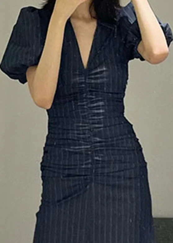 French Black V Neck Striped Slim Chiffon Long Dresses Short Sleeve - Image 2