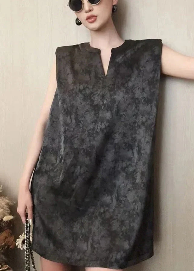 French Black V Neck Tie Dye Cotton Mid Dress Sleeveless - Image 3
