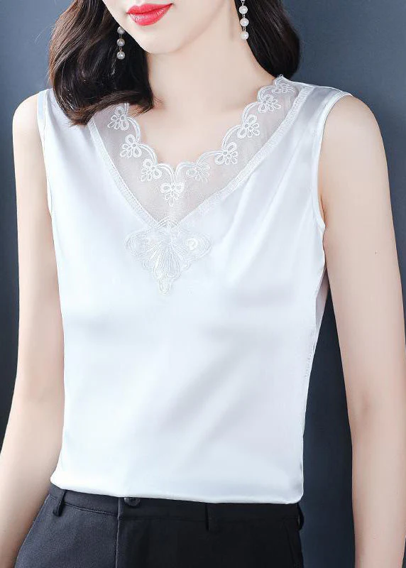 French Black V Neck Tulle Patchwork Silk Vests Summer - Image 3
