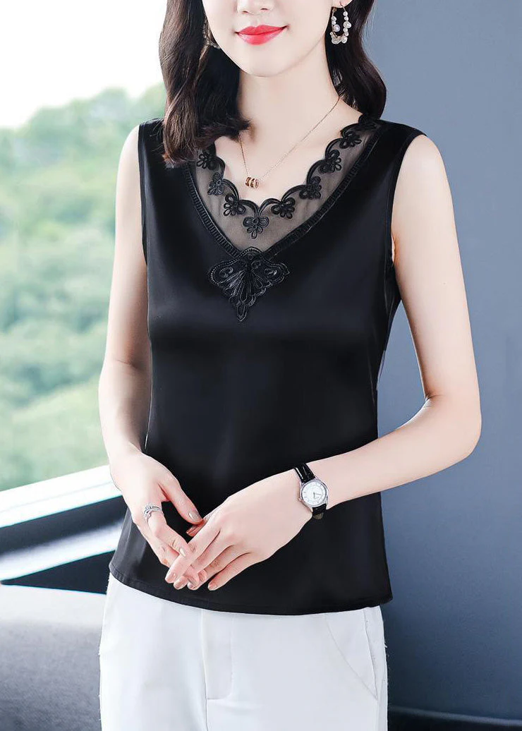French Black V Neck Tulle Patchwork Silk Vests Summer - Image 4