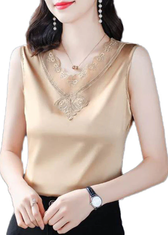 French Black V Neck Tulle Patchwork Silk Vests Summer - Image 5
