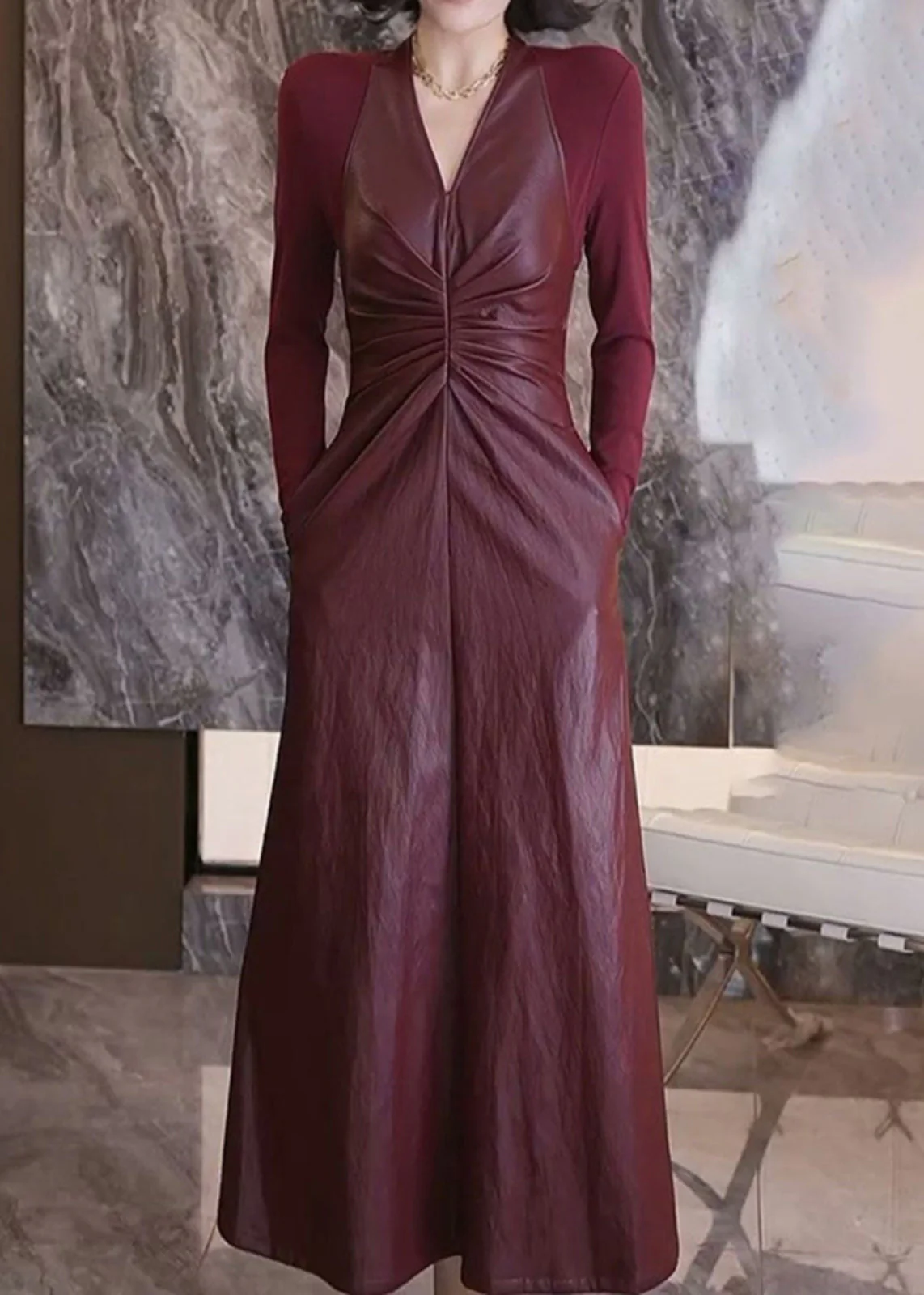 French Black V Neck Wrinkled Holiday Maxi A Line Dress Spring - Image 4