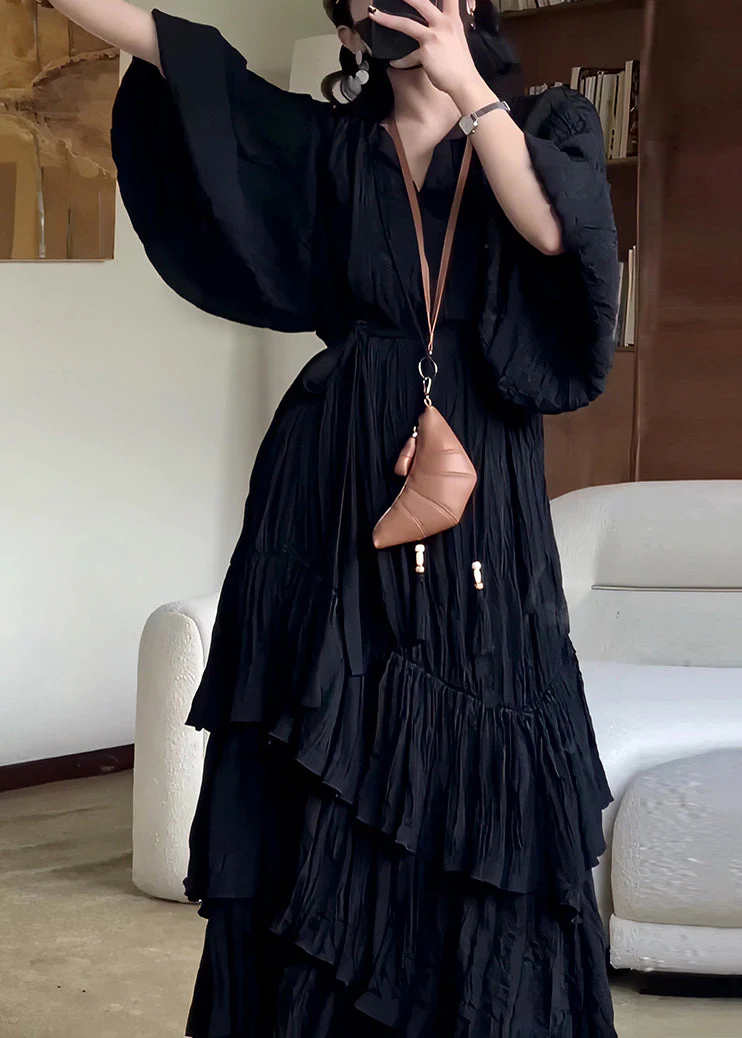 French Black V Neck Wrinkled Solid Cotton Long Dress Fall