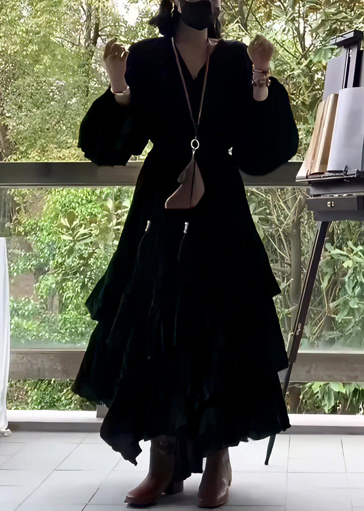 French Black V Neck Wrinkled Solid Cotton Long Dress Fall - Image 3