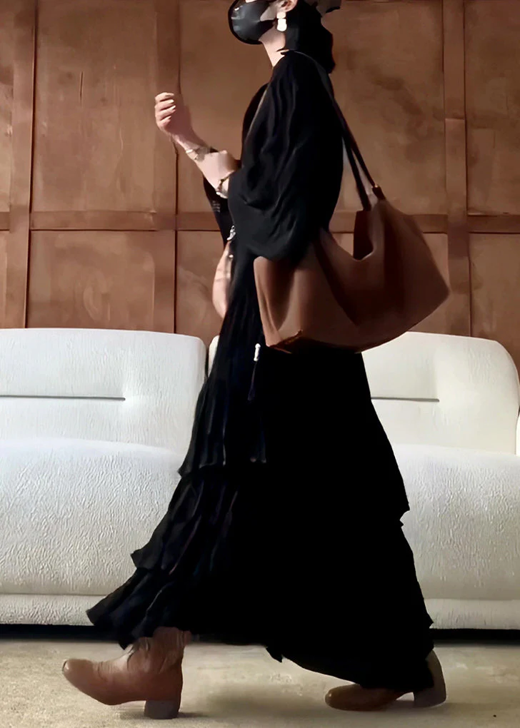 French Black V Neck Wrinkled Solid Cotton Long Dress Fall - Image 4