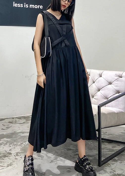 French Black V Neck Wrinkled Streetwear Dress Sleeveless - Image 2