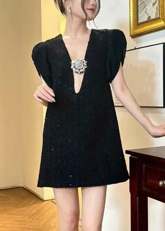 French Black V Neck Zircon Cotton Mid Dress Summer - Image 2
