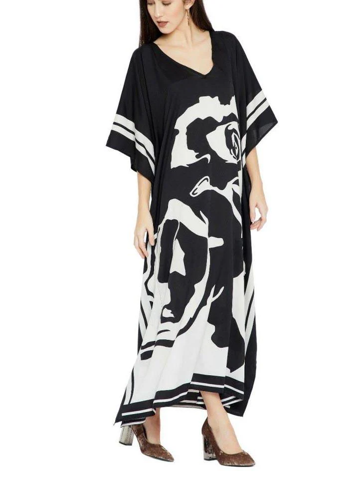 French Black White Floral Half Sleeve kimono robe Mid Chiffon Dress - Image 2