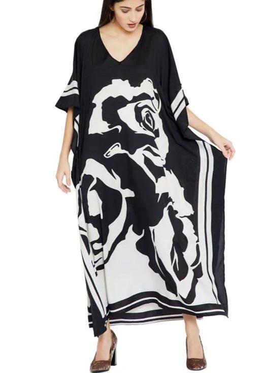 French Black White Floral Half Sleeve kimono robe Mid Chiffon Dress - Image 3