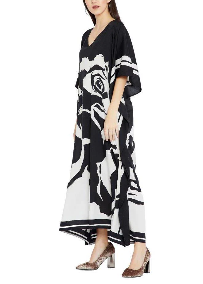 French Black White Floral Half Sleeve kimono robe Mid Chiffon Dress - Image 4
