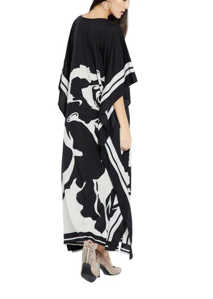 French Black White Floral Half Sleeve kimono robe Mid Chiffon Dress - Image 5
