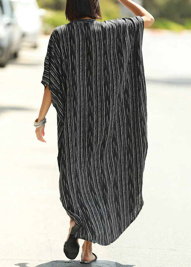 French Black White Striped O-Neck Button Side Open Maxi Beach Dresses Short Sleeve - Image 2