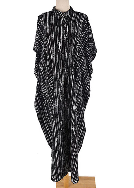 French Black White Striped O-Neck Button Side Open Maxi Beach Dresses Short Sleeve - Image 3