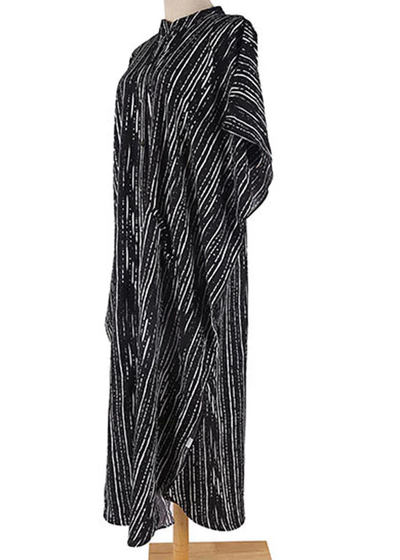 French Black White Striped O-Neck Button Side Open Maxi Beach Dresses Short Sleeve - Image 4
