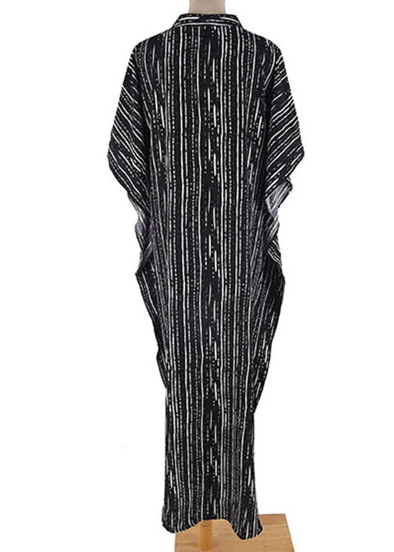 French Black White Striped O-Neck Button Side Open Maxi Beach Dresses Short Sleeve - Image 5