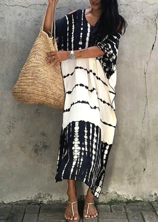 French Black White Tie Dye Cold Shoulder kimono Robe  Cotton Dress - Image 2