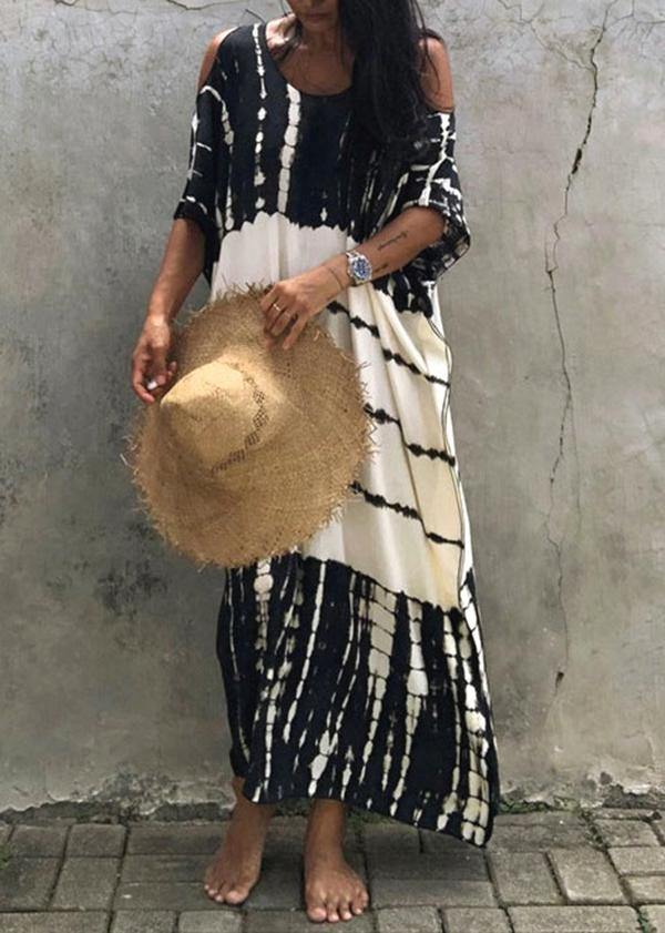 French Black White Tie Dye Cold Shoulder kimono Robe  Cotton Dress - Image 3