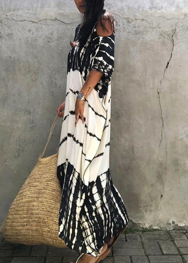 French Black White Tie Dye Cold Shoulder kimono Robe  Cotton Dress - Image 4