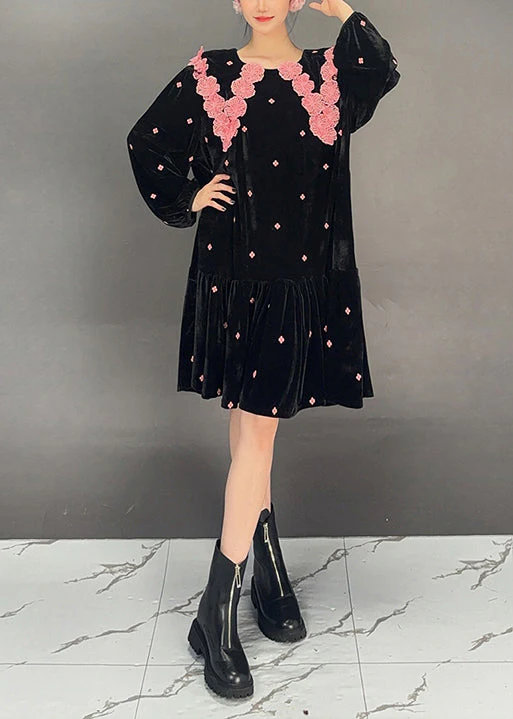 French Black Wrinkled Patchwork Jacquard Velvet Dress Fall - Image 2