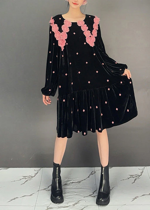 French Black Wrinkled Patchwork Jacquard Velvet Dress Fall - Image 3
