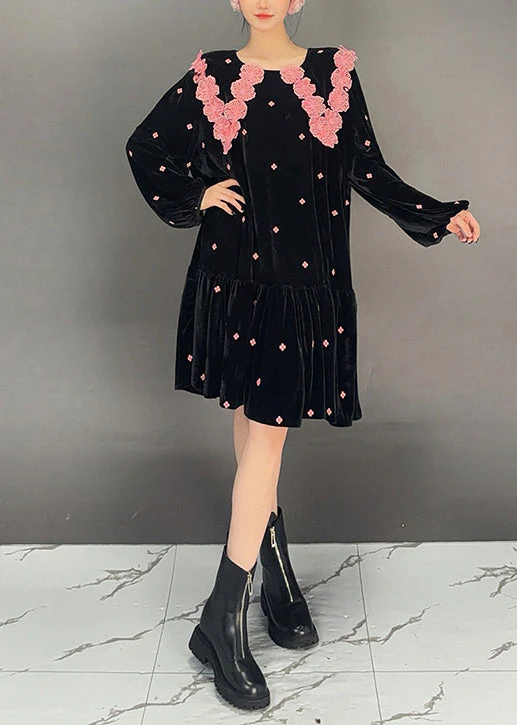 French Black Wrinkled Patchwork Jacquard Velvet Dress Fall - Image 4