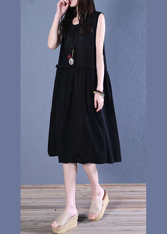 French Black wrinkled Patchwork Linen Holiday Dress Sleeveless - Image 3