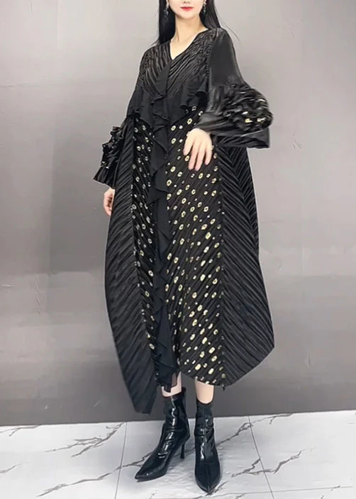 French Black Wrinkled Print Patchwork Cotton Long Dress Spring - Image 4