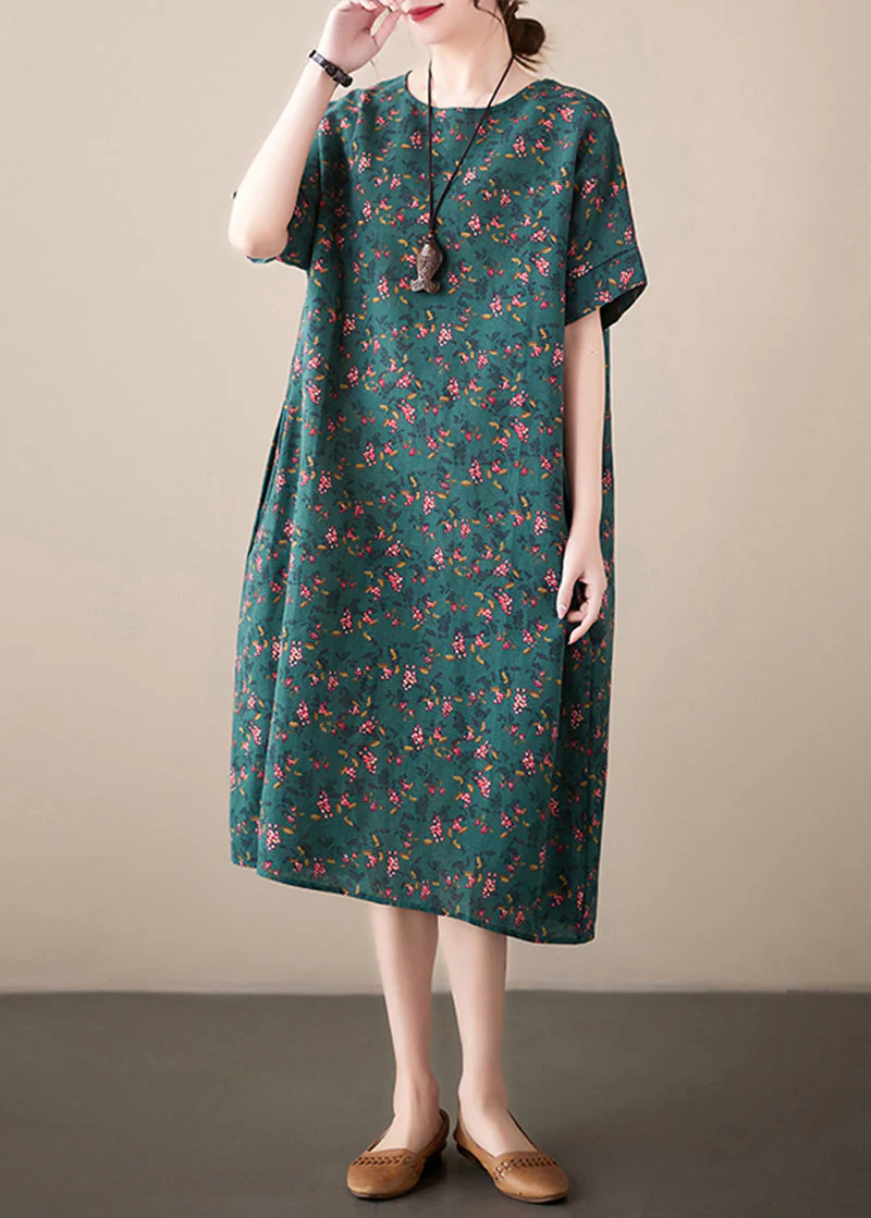 French Blackish Green O-Neck Print Linen Dresses Summer - Image 2