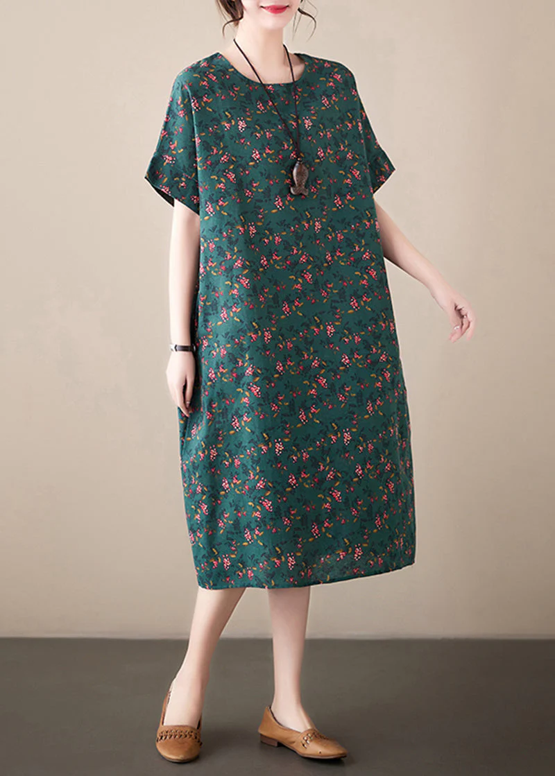 French Blackish Green O-Neck Print Linen Dresses Summer - Image 3