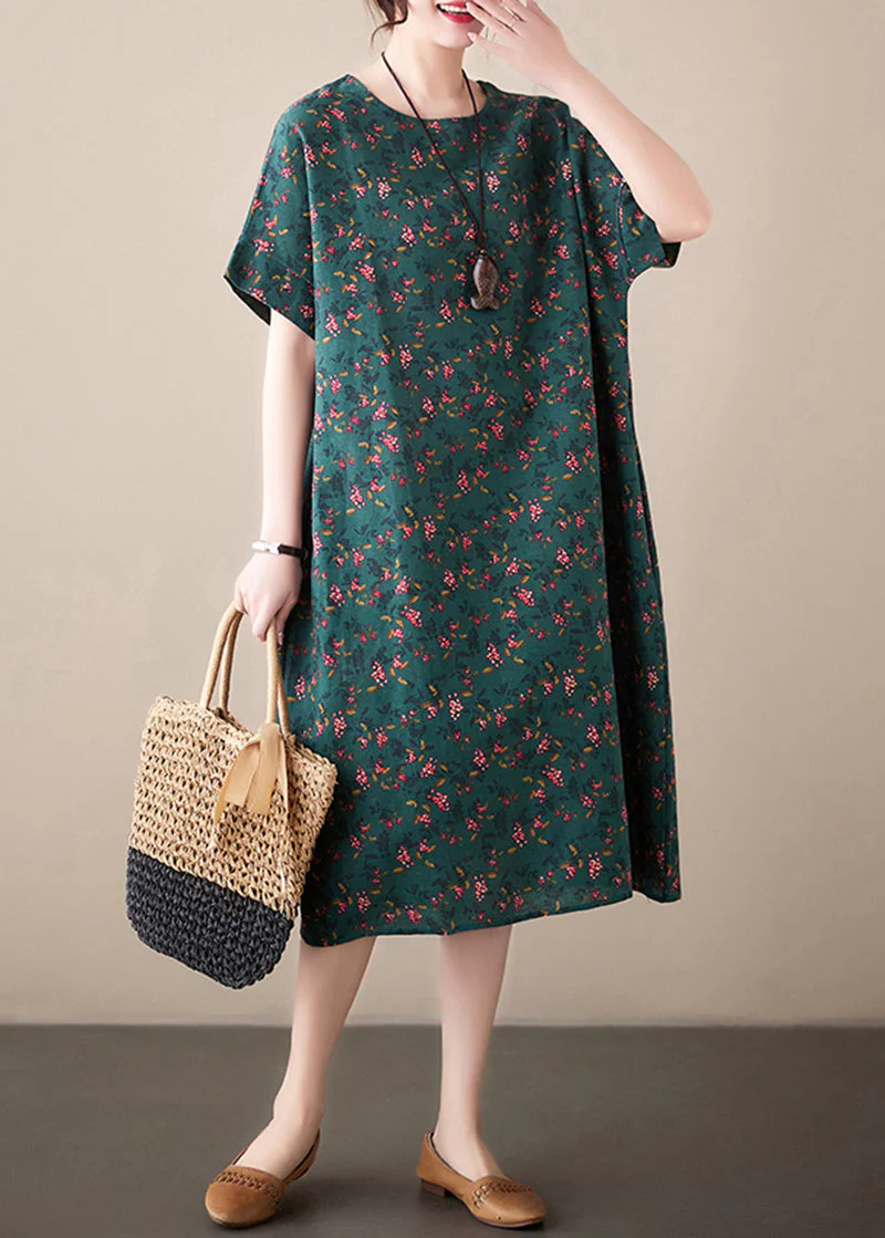 French Blackish Green O-Neck Print Linen Dresses Summer - Image 4