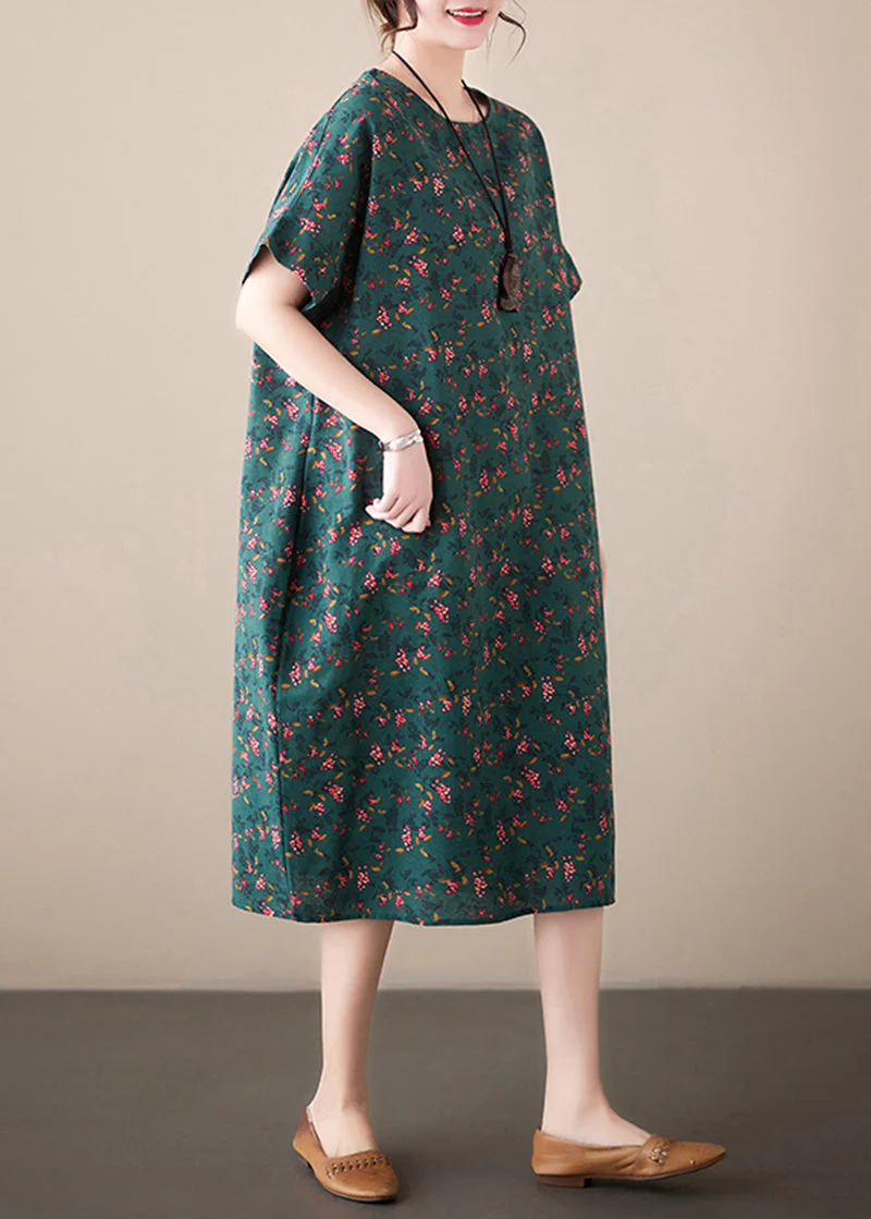 French Blackish Green O-Neck Print Linen Dresses Summer - Image 5