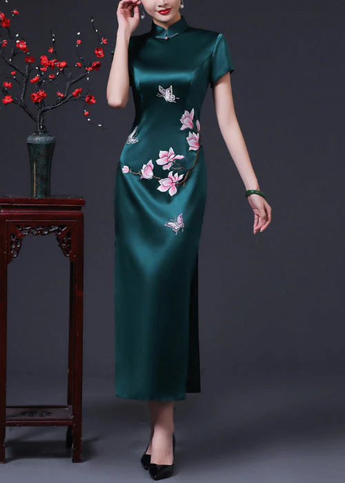 French Blackish Green Print Side Open Silk Long Dresses Summer - Image 2