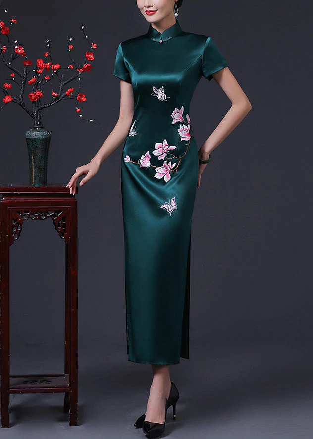 French Blackish Green Print Side Open Silk Long Dresses Summer - Image 3