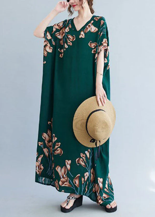 French Blackish Green V Neck Print Cotton Loose Maxi Dress Batwing Sleeve - Image 2
