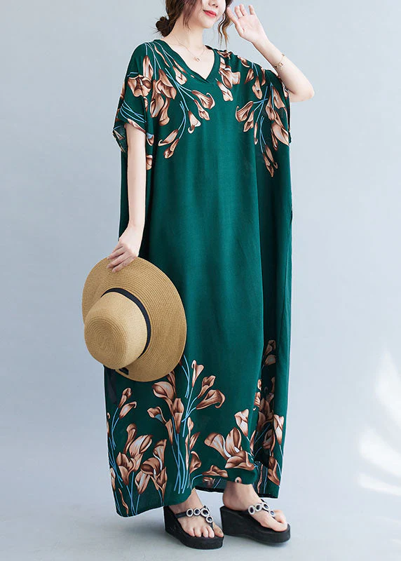 French Blackish Green V Neck Print Cotton Loose Maxi Dress Batwing Sleeve - Image 3