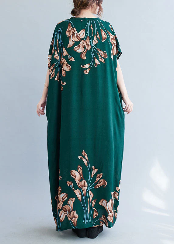 French Blackish Green V Neck Print Cotton Loose Maxi Dress Batwing Sleeve - Image 4