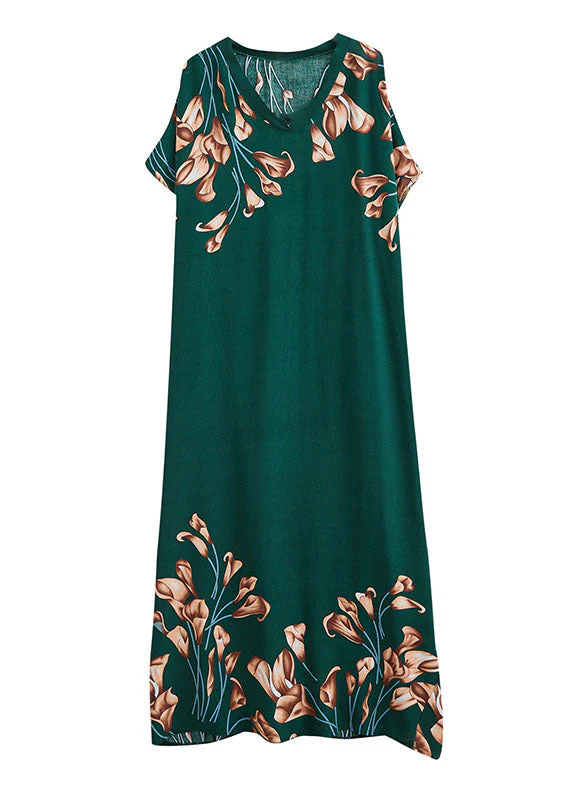 French Blackish Green V Neck Print Cotton Loose Maxi Dress Batwing Sleeve - Image 5