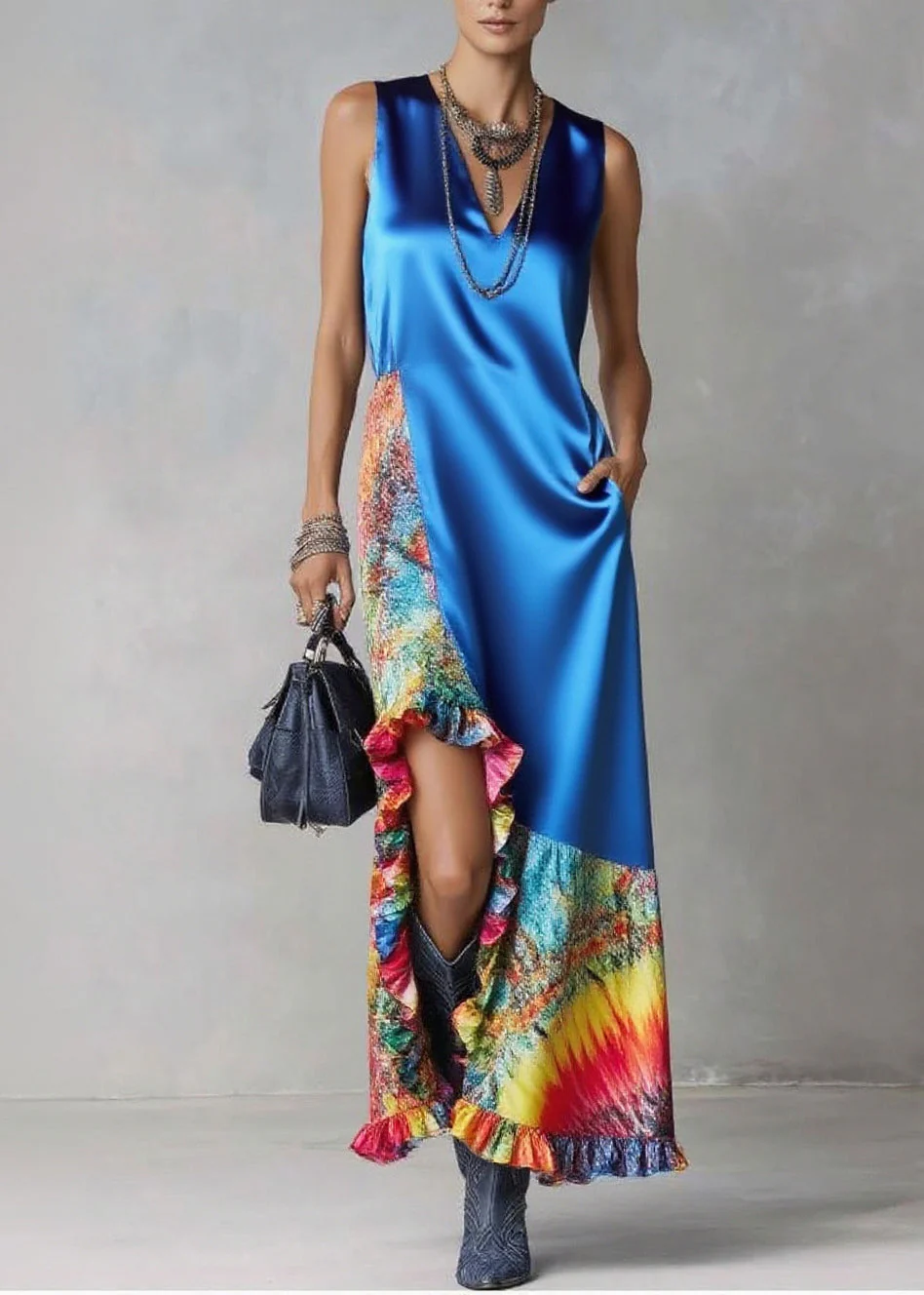 French Blue Asymmetrical Patchwork Print Silk Vacation Dress Sleeveless - Image 3