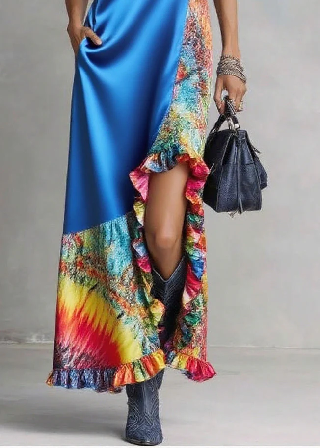 French Blue Asymmetrical Patchwork Print Silk Vacation Dress Sleeveless - Image 4